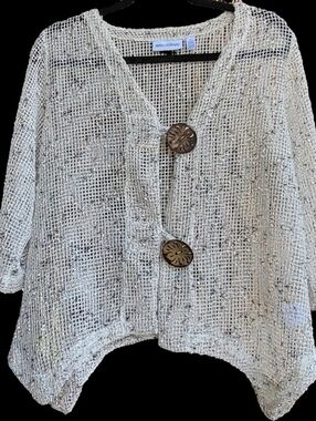Nina Leonard Cream Open-Weave Button Cardigan with Wooden Buttons